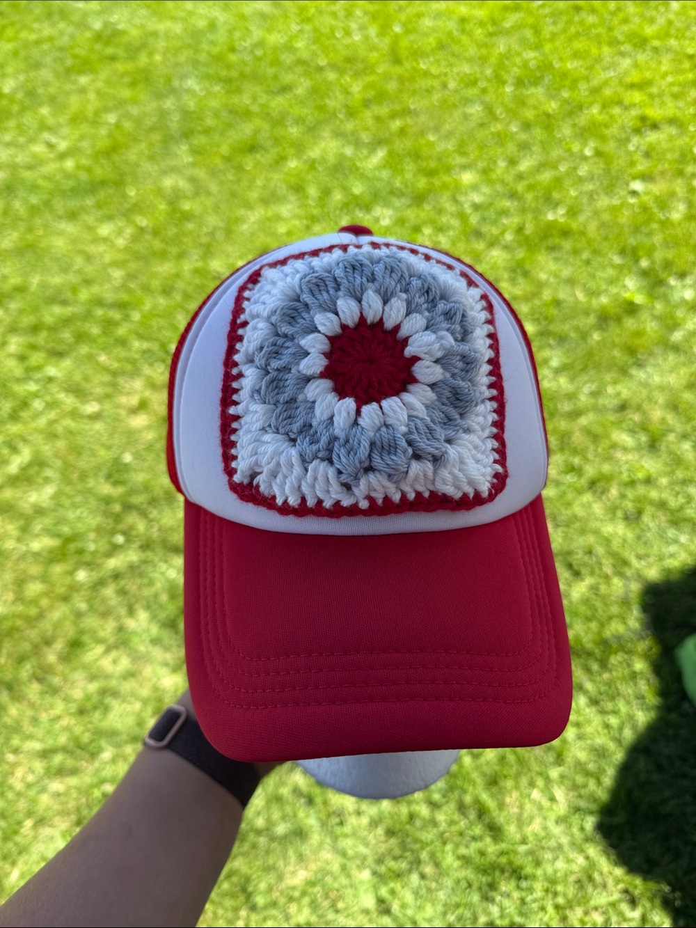 Red and White Crochet Patch Trucker Hat